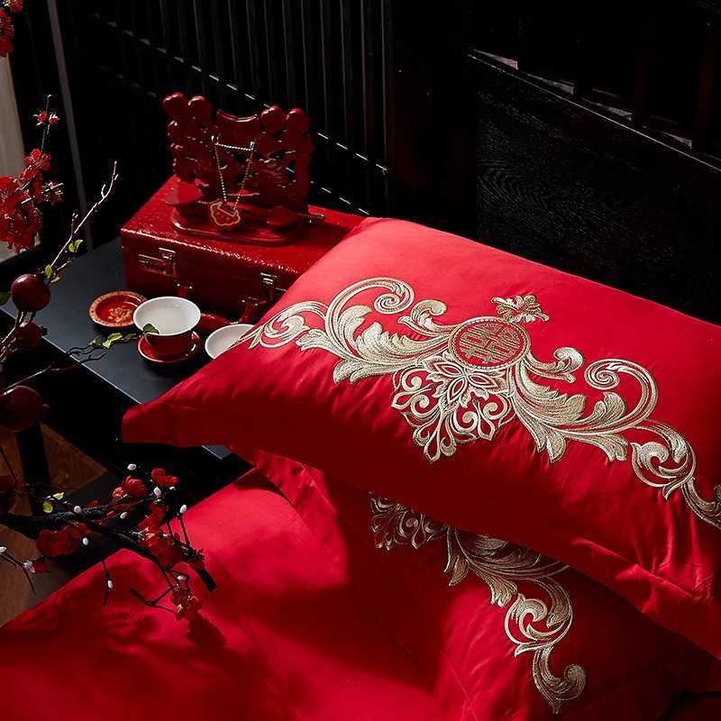 Luxury Dragon Phoenix Embroidery Duvet Cover Set 100%Cotton Chinese Wedding Red Bedding Bed Sheet Pillow Cover Queen King SizeXJ250220