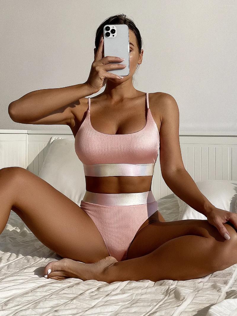 Womens Swimwear Shiny Pink Contrast Bikini Set Women Halter Push Up Patchwork High Waist Swimsuit 2025 Designer Bathing Suit Two Piece