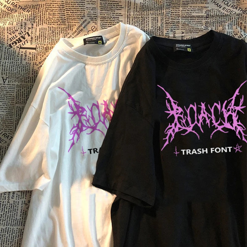 Mens Tshirt Punk Goth Lightning Letter Print Short Sleeve Oversized Harajuku Unisex Clothing Summer Casual Tops 250213