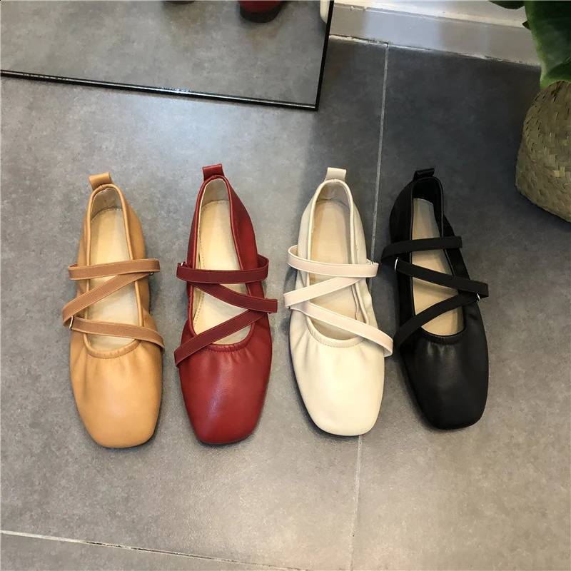 Spring Ballet Flat Shoes Women Comfy Leather Shoes Women Women Square Toe Flat Mary Janes Ladies Shoes Double Buckle 250318