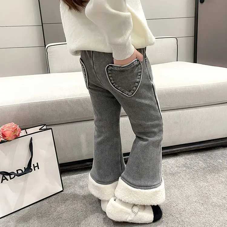 Autumn Winter 1-8Y Girls Flare Jeans Thicken Velvet Heart Pocket Spliced Kid Girls Trousers Korean Sle Warm Toddler Girl Pants Z250220
