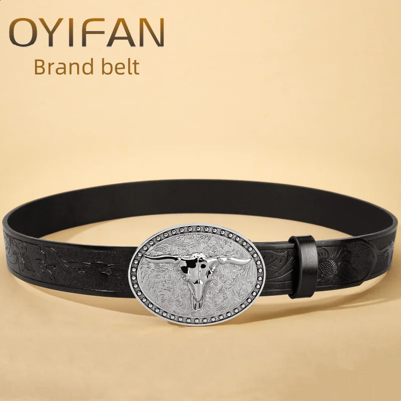 Womens Cowboy Belt Western Leather Buckle Belts Longhorn Bull Pattern Floral Engraved for Men 250220