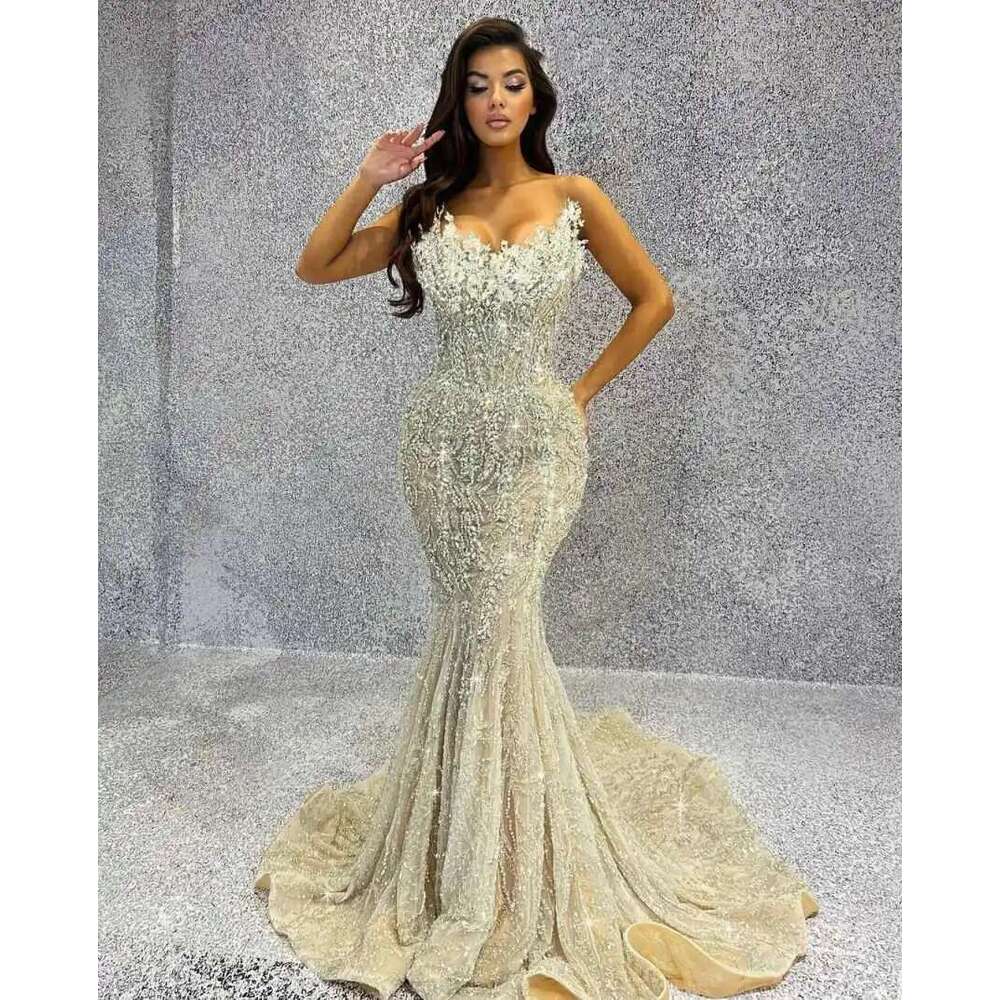 Evening Mermaid Strapless Sequins Crystals Sleeveless Prom Gown Party Dress Sweep Train Vestido De Noite Customized 6660311