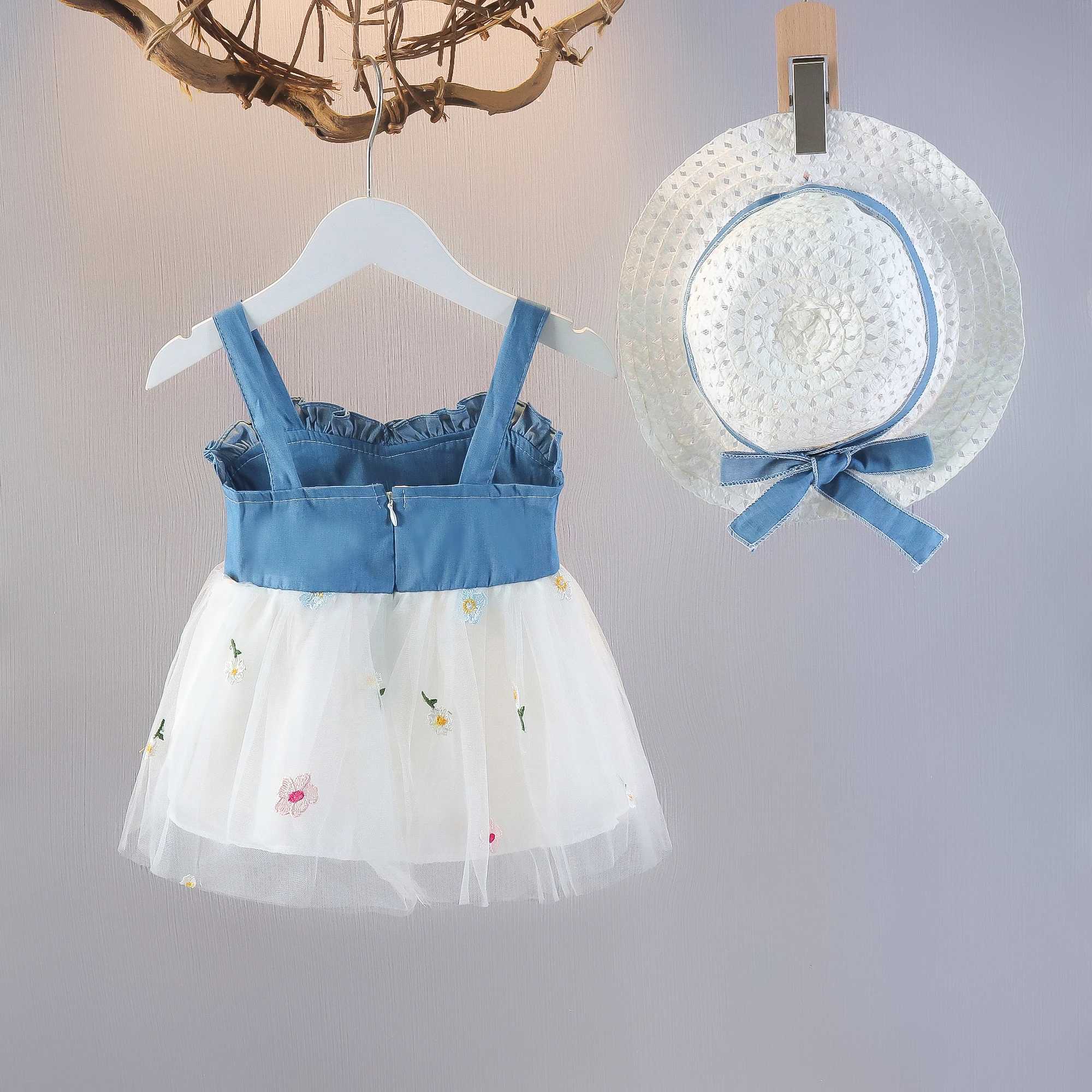 Summer New Girls Dress Sweet Princess Dress+Hat Mesh Pleats Birthday Party Dress (2-3 years old) X250220