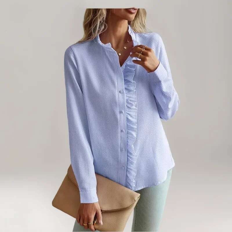 2024 Spring Cross Border European And American New Women's Wear Long Sleeved Ruffle Edge Button Shirt Top For Women