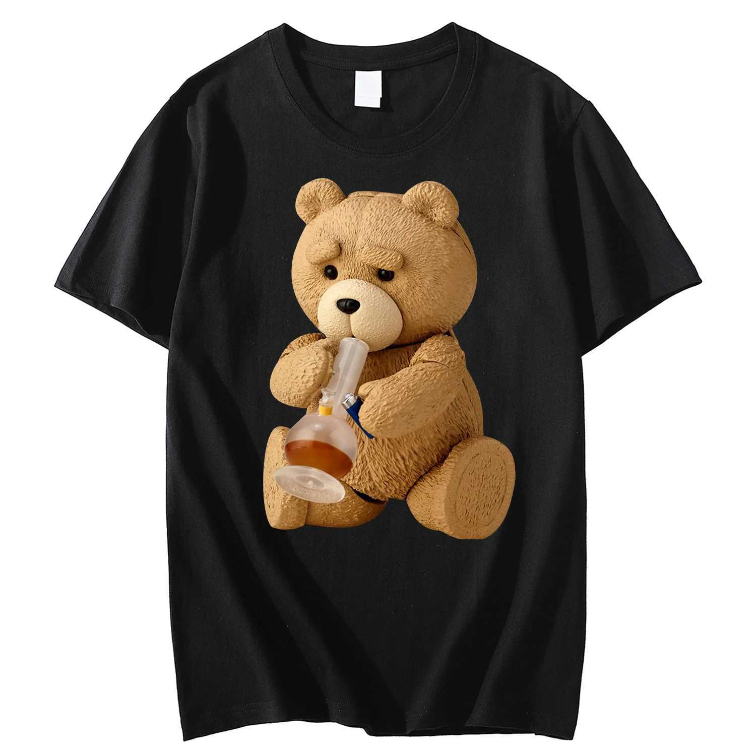 New Mens Print Cute Teddy Bear Drinking Beer Poster T-Shirt Summer Short Sleeve Top Cotton T-Shirt Cool T-Shirt Top Streetwear W250220