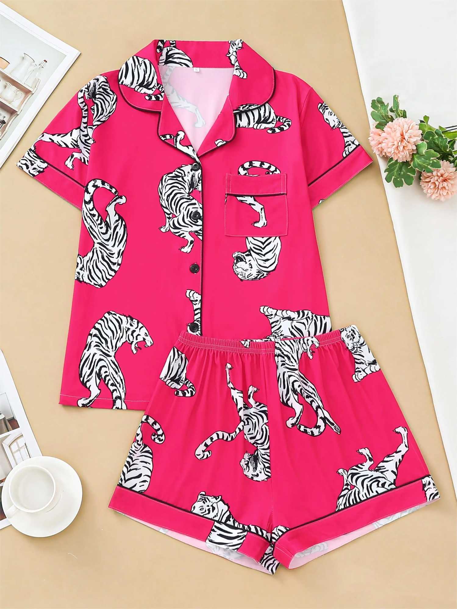 Two-piece set of womens pajamas lapel top and trousers Tiger summer casual warm womens pajamas home wearXJ250220