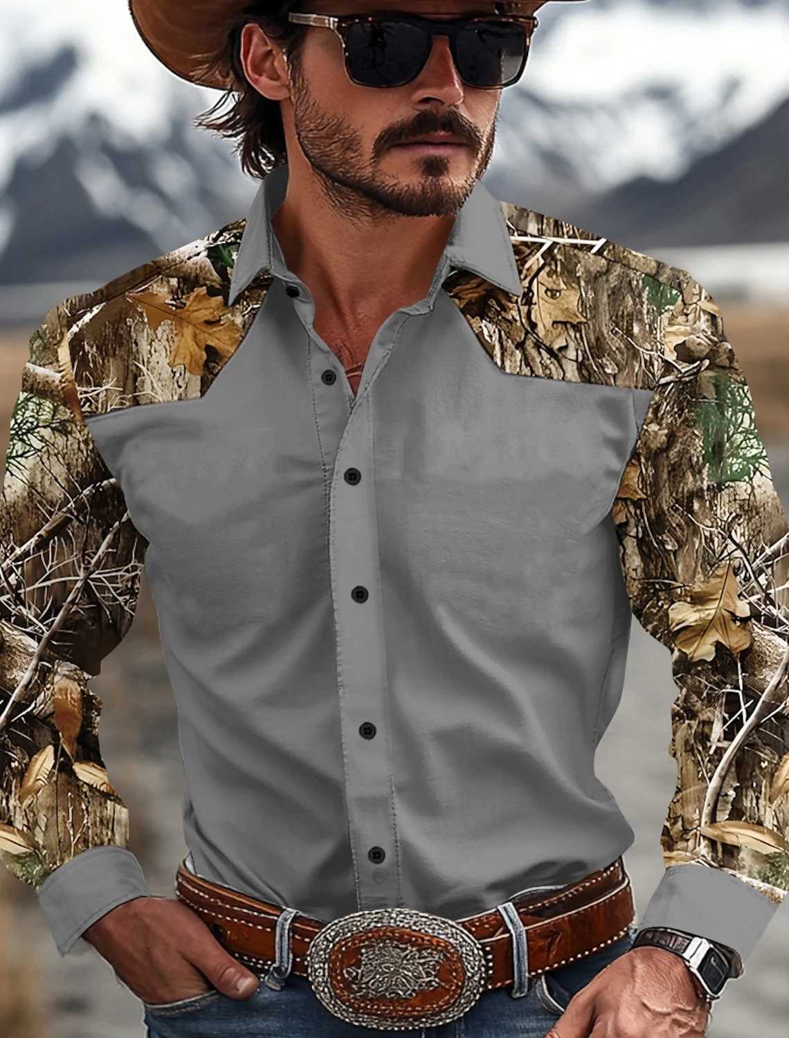 Mens Camouflage Western Shirt Denim Shirt Long Sleeve Western Casual Outdoor Spring and Autumn Lapel Black Brown Green Khaki W250220