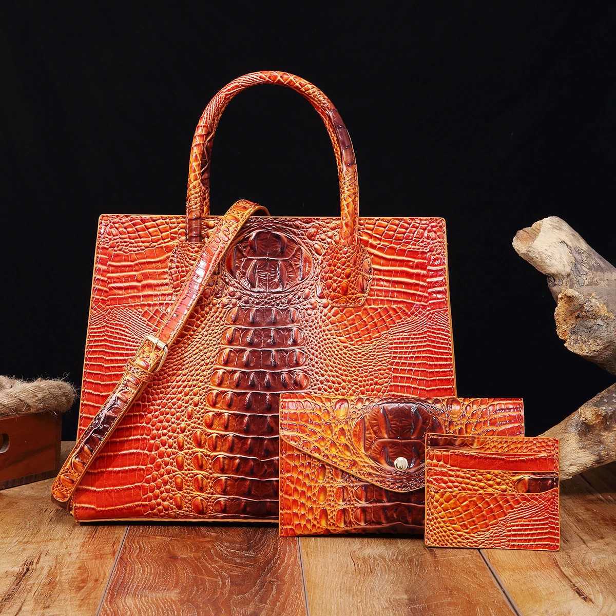 3 Pcs Crocodile Pattern Handbag Purses Set Multi-functional Vintage Top Handle Crossbody Bag Business Clutch Bag Card Coi Z250220