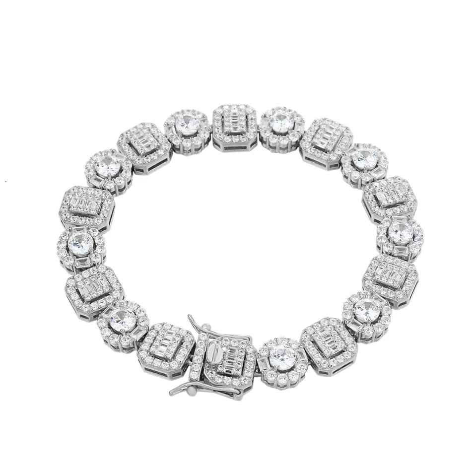 Hip Hop Custom Baguette Vvs Moissanite 10mm Square Halo Bg Cubic Zirconia Cluster Tennis Chain Necklace