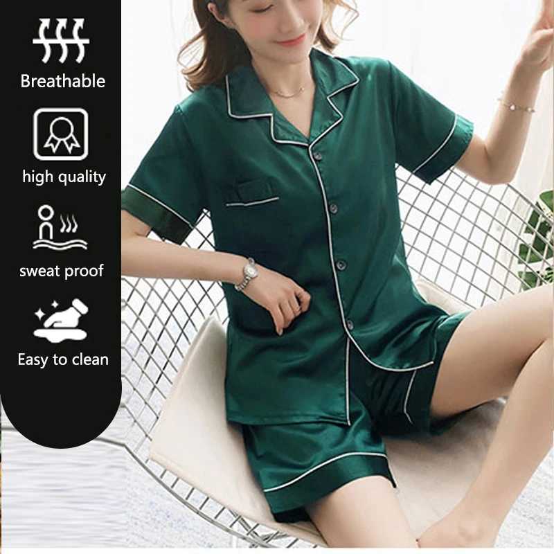 Women Ice Silk Pajamas Korean Version of the Lapel Cardigan Ladies Comfortable Spwear Two-Piece Set Soft Casual NightwearXJ250220