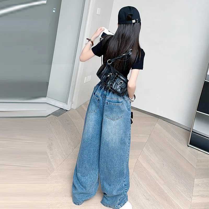 School Girls Jeans 2025 Spring Teen Childrens Wide Leg Pants Retro Black Triple Bow Blue Jeans Trousers for Kids Z250220