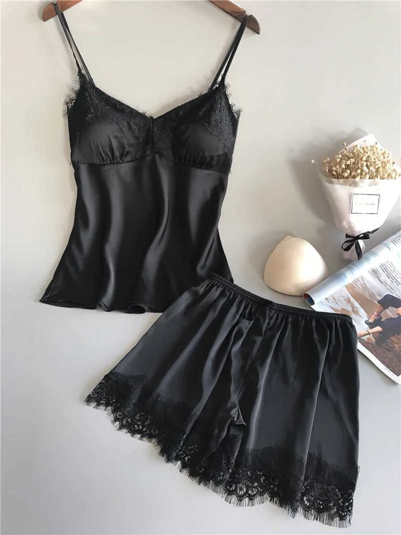 Womens Spwear Sexy Lingerie Lace Satin Pajama Sets Nightwear Sveless Tops+Shorts 2 Pcs Sets Pyjama SetsXJ250220