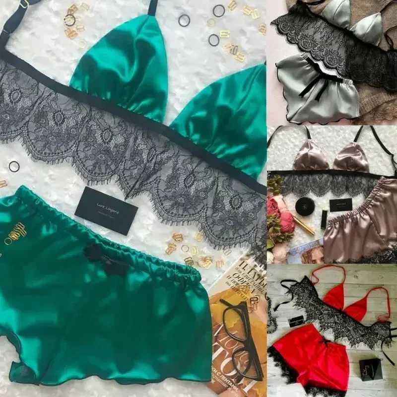 Womens Underwear Sexy Silk Satin Lingerie Pajamas Crop Tops Bralette Panty Sets Soft Wear for Girls Tops Briefs Lace SuitXJ250220