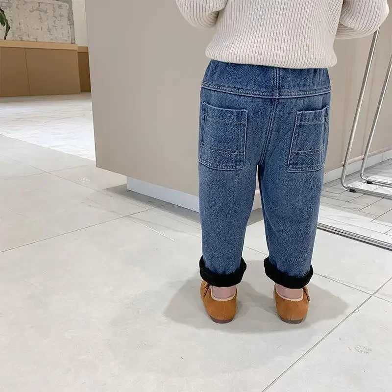 Children clothing plush jeans loose fitting 2023 winter clothing new western-sle warm pants for boys and girls baby pants Z250220