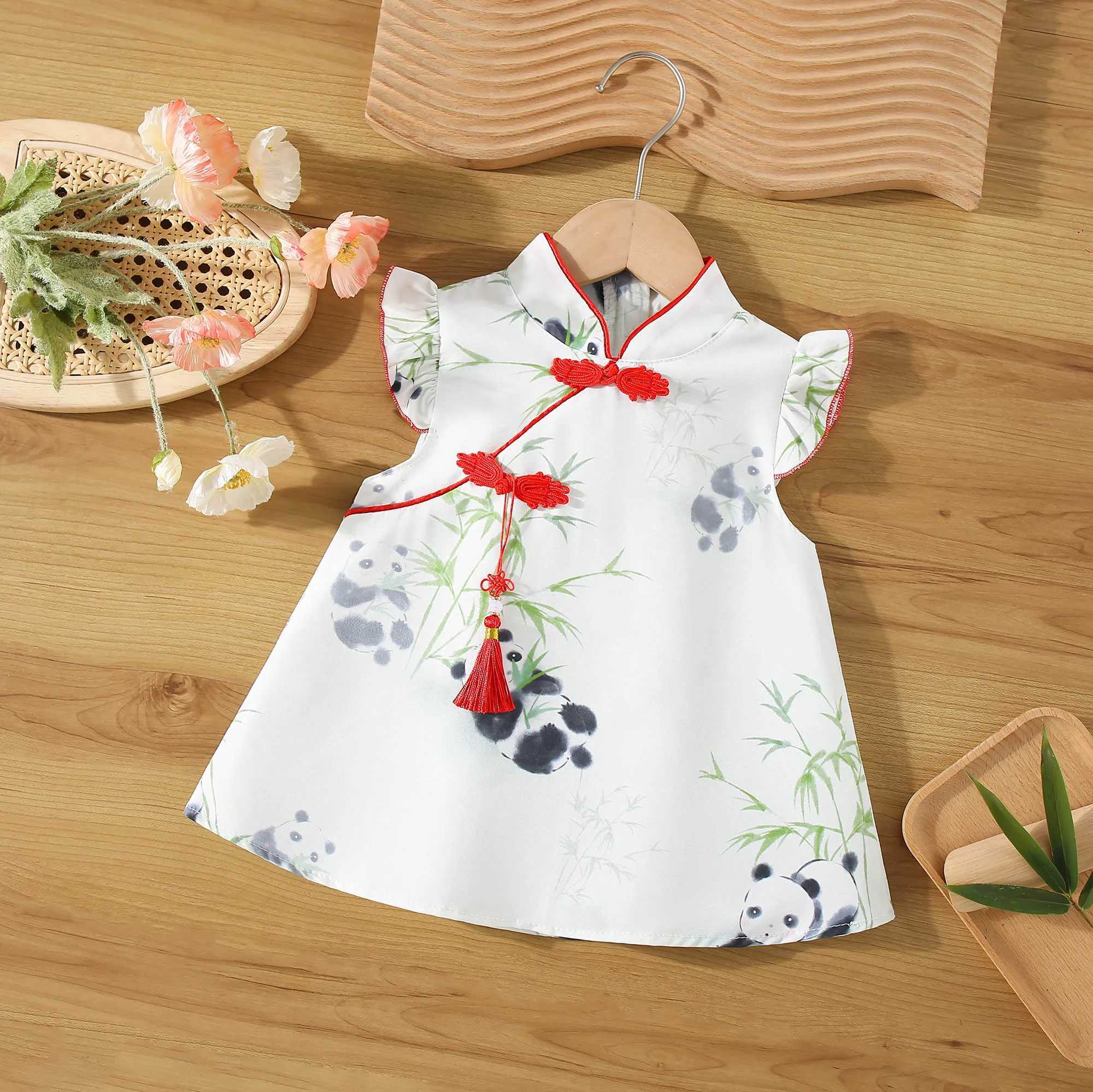 Summer Baby Girl Cotton Panda Print Tassel Dress Girl Chinese Style Hanfu Dress X250220