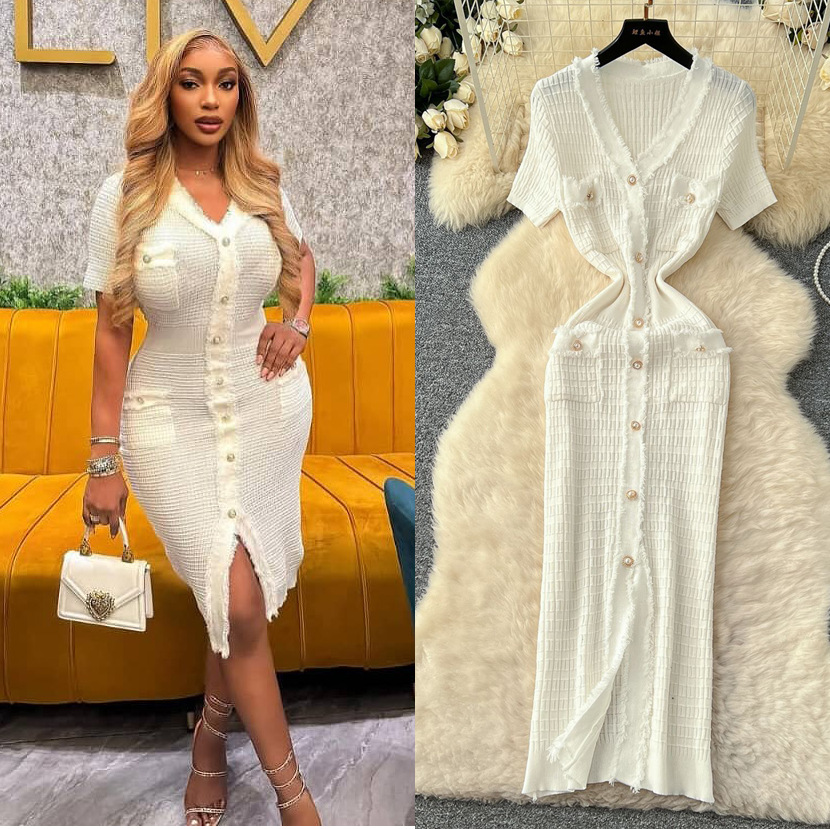 2025 New Summer Arrival Women Knitted Maxi Long Elegant V-neck Single-breasted Split Sweater Dress Office Lady Vestidos