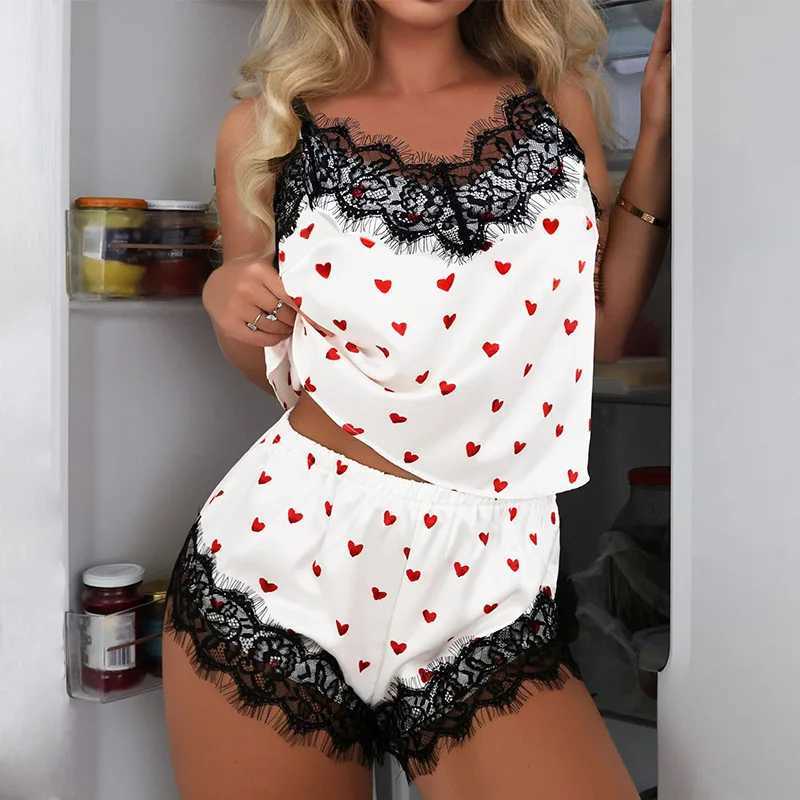 New Lace Sexy Women Pajama Suit Fashion V-Neck Stretch Satin Lace Sexy Lingerie Bowknot Pyjamas Sp Shorts Set Spwear 2PCSXJ250220