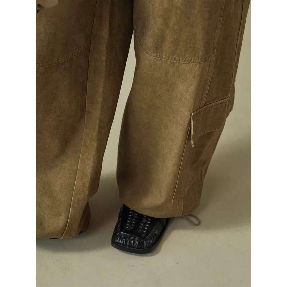 2025 Heavy Weight Early Spring Washed Large Pocket Cargo Pants Women Loose Wide Leg Trousers Khaki