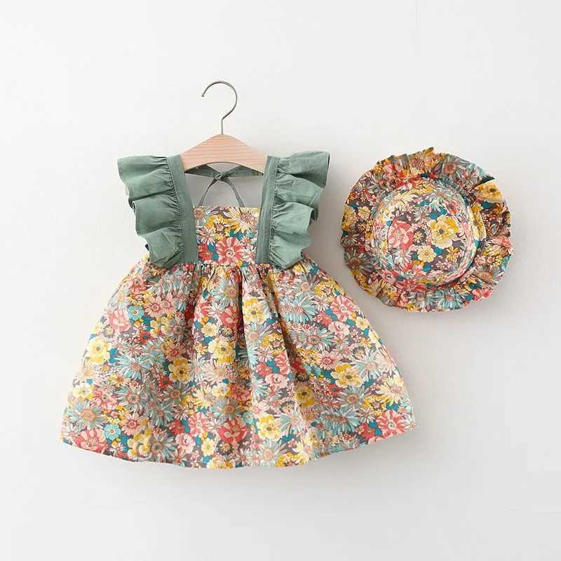 2-Piece Set Of New Girls Printed Casual Ruffle Edge Summer Childrens Dress And Hat Suitable For 0-3 Years Old X250220
