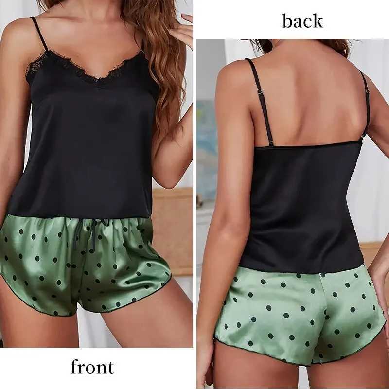 New Summer Womens Printed Polka Dot Shorts and Lace Decorated V-Neck Suspender Top Womens Sexy Pajama SetXJ250220