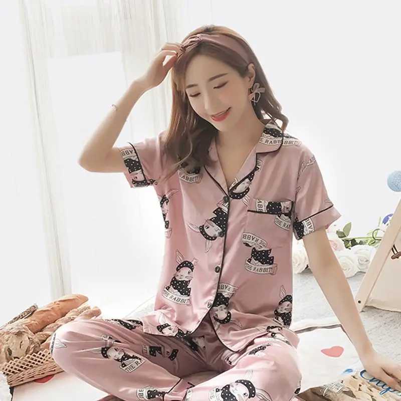 New Woman Satin Silk Pajama Sets Casual Loose Short Sve Tops+Long Pants 2Pcs Suit Pyjimas Soft Spwear Home ClothesXJ250220