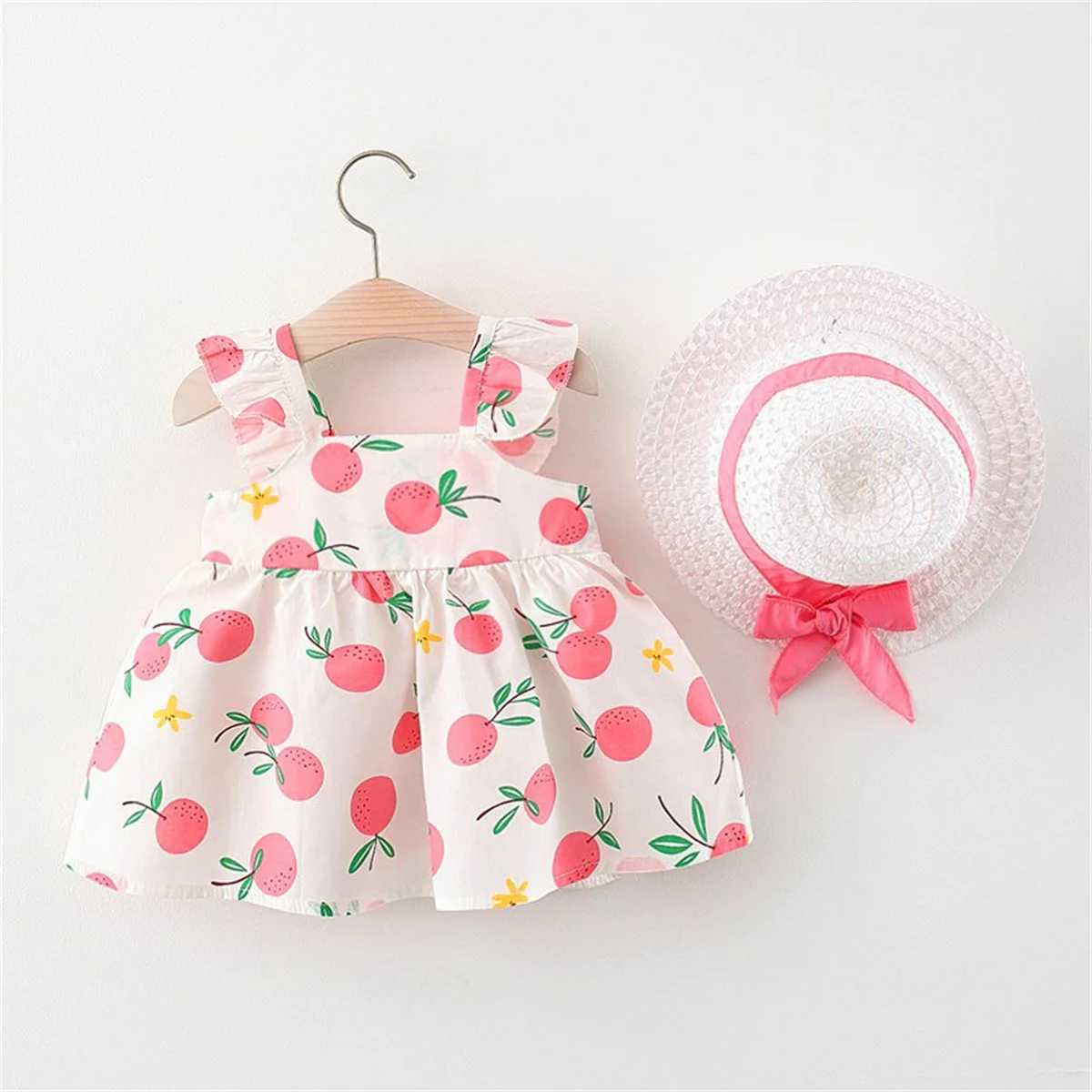 2Pcs/SetSummer girls dress childrens clothing new small suspender bow orange print vest skirt with hat as a gift X250220