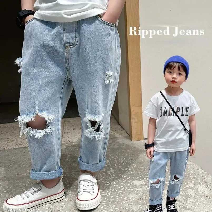 Spring Autumn 2-10Y Korean New Childrens Hole Trouser Childrens Boys Handsome Tear Patch Jeans Girls Pants Loose Jeans Z250220