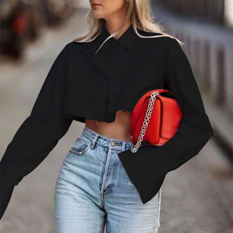 TWOTWINSTYLE Sexy Crop Top Tassel Solid Color Shirt For Women Lapel Collar Long Sleeve Loose Oversized Shirts Female 2022 New