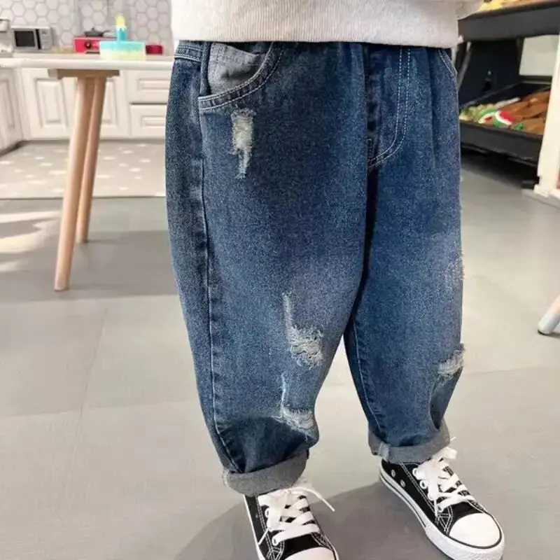 Kids Boys Jeans Spring and Autumn New 2023 Fashionable Broken Copper Childrens Baby Elastic Soft Pants Boys Trousers Z250220