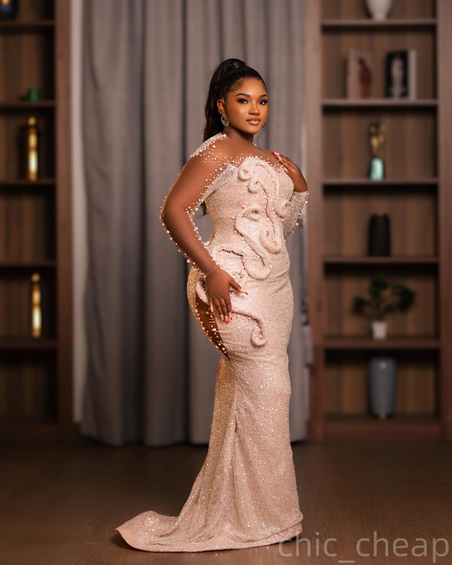 Champagne Mermaid Prom Dresses 2025 Pearls Beaded Sequined Stylish Evening Formal Party Second Birthday Engagement Gowns Plus Size Dress For Special O