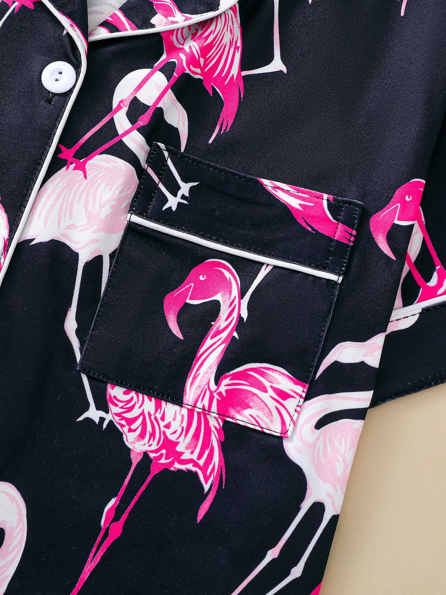 Two-piece set of womens pajamas lapel top and trousers Flamingo summer casual womens pajamas home wearXJ250220