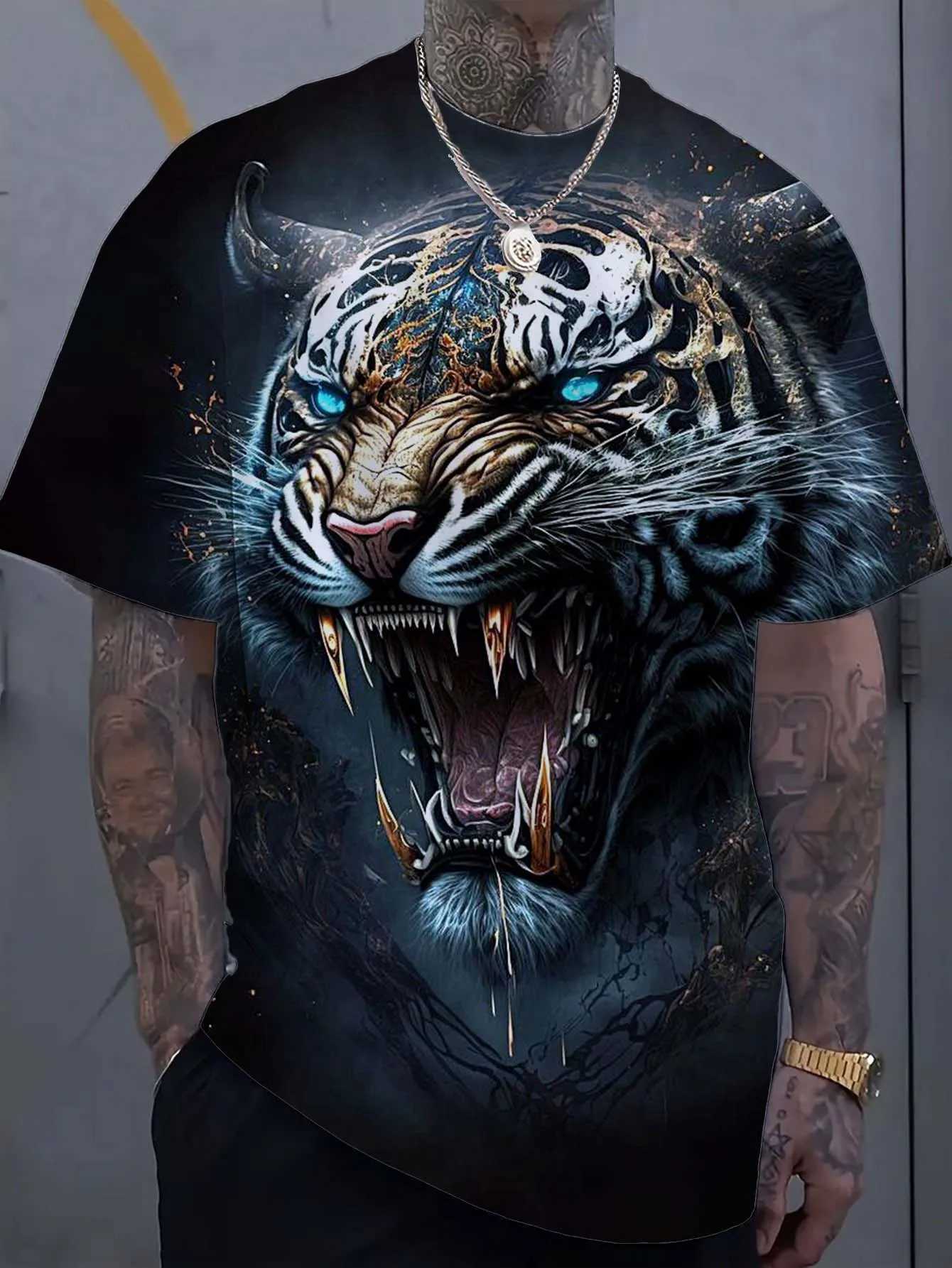Mens T-shirt with animal tiger pattern 3D printed top summer new womens street clothing fashionable oversized unisex T-shirt mens clothing W250220