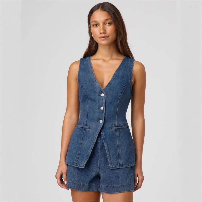 Womens Tracksuits Vintage Blue Denim Sleeveless Single Breasted Tops Suit Summer 2025 Jean Jacket Top Shorts Sets 2 Piece