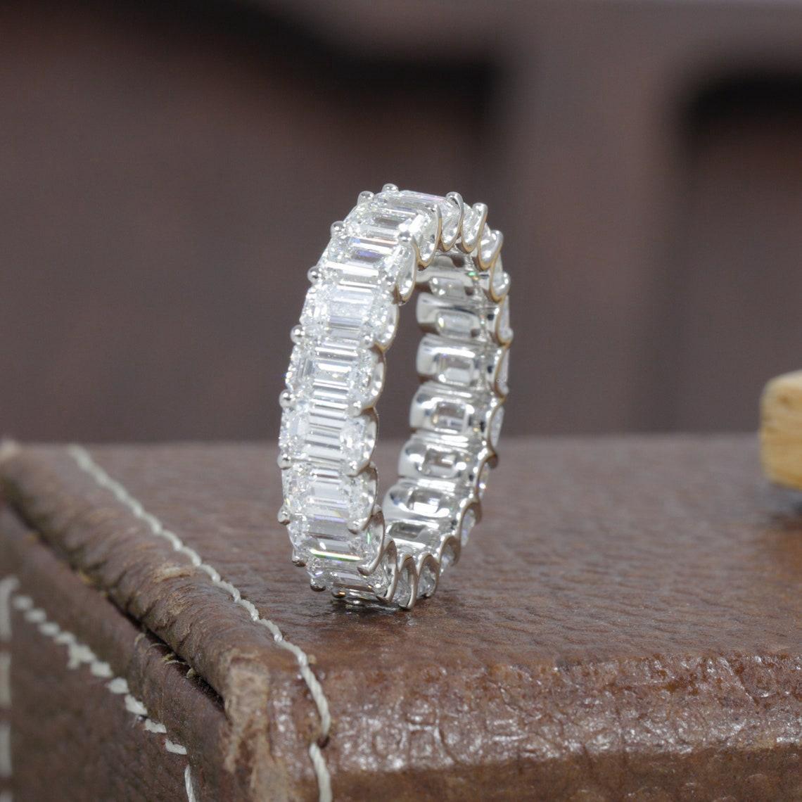 Jewelry 18K White Solid Gold Lab Grow Diamond EF Color 4.5*3.2mm Emerald Cut Full Band Eternity Ring HPHT CVD Diamond Stackable Ring