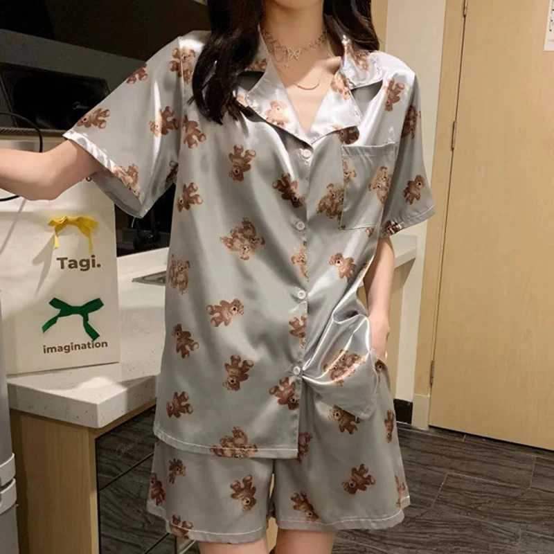 New Ladies Two-Piece Pajamas Ice Silk Women Short-Sved Cardigan Shorts Grey Bear Cute Summer Ladies Pajamas Homewear SetXJ250220
