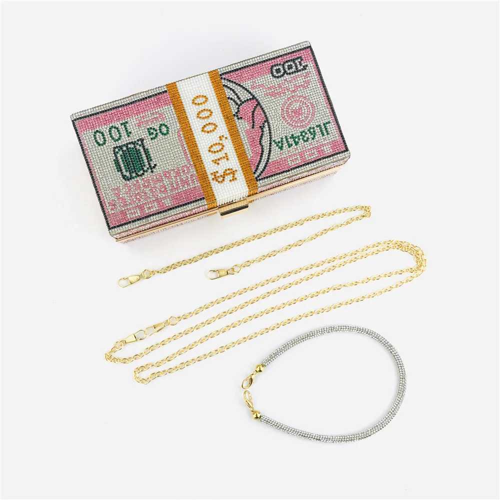 Creative Fashion New Money Clutch Rhinestone Purse 10000 Dollars Stack Bags of Cash Evening Handbags Shoulder Wedding Dinner Bag Z250220