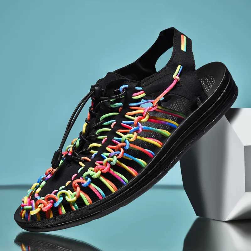 New Arrival Summer mens sandals womens slippers woven design beach sandals breathable casual flat sandals outdoor couple sandals size 48 T250220