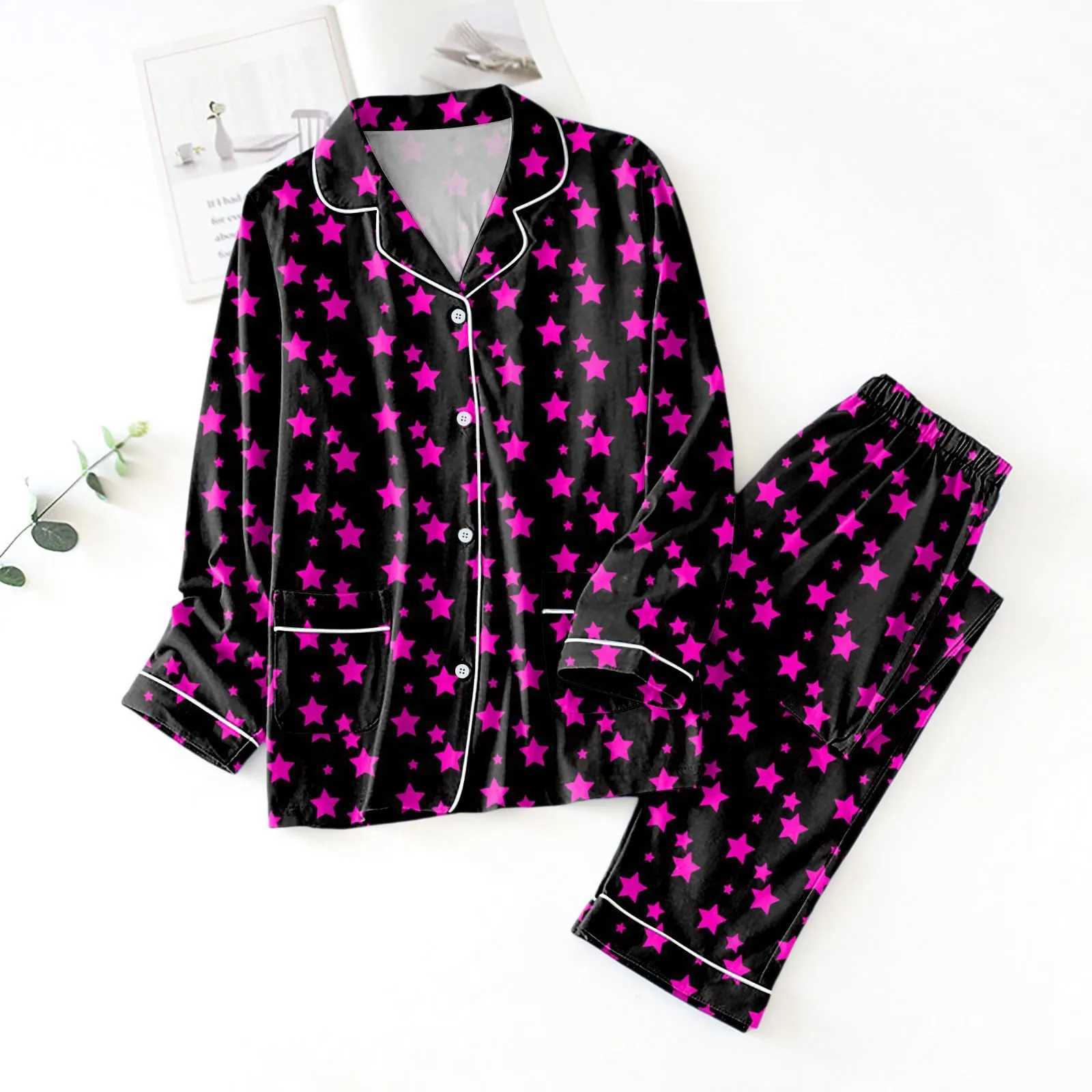 Loungewear Women Pajama Sets 2 Piece Star Printing Long Sve Shirt With Pant Sets Trendy Pyjamas Autumn Winter Satin SpwearXJ250220