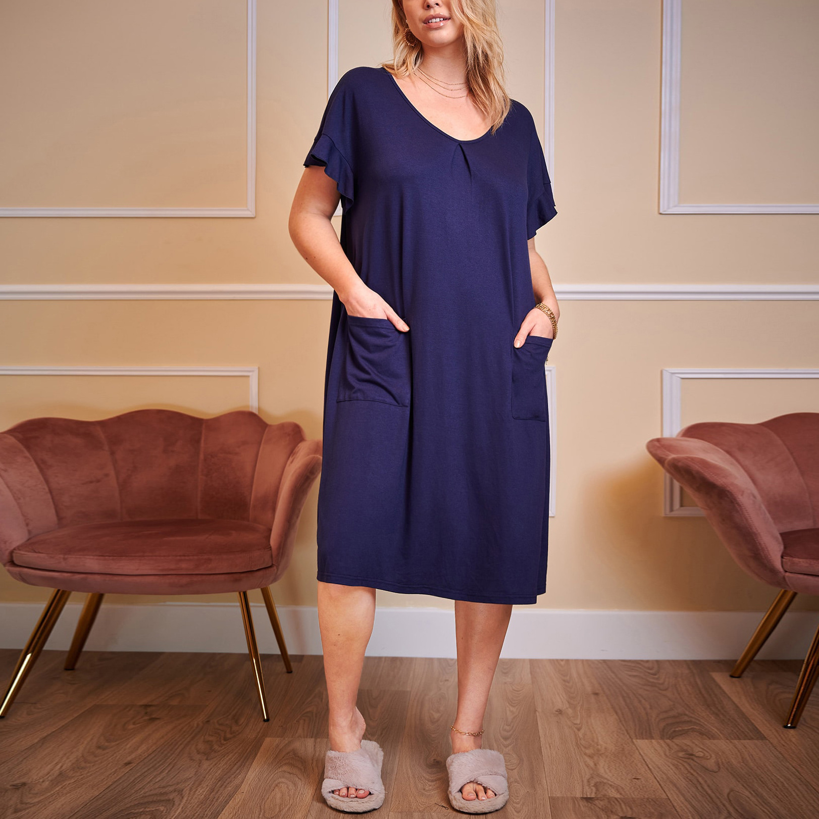 B711-Summer cross-border European and American plus size women's nightdress cotton short-sleeved loose round neck pocket home clothes long skirt 