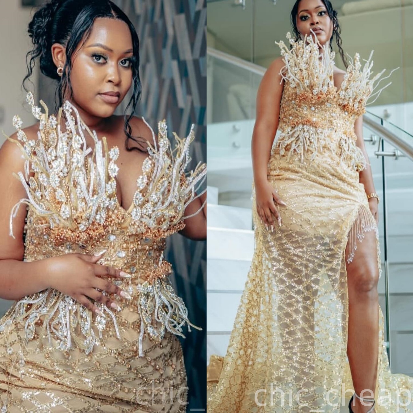 Gold Mermaid Prom Dresses 2025 Floral Crystals Beaded Sequined Evening Formal Party Second Birthday Engagement Gowns Plus Size Dress For Special Occas