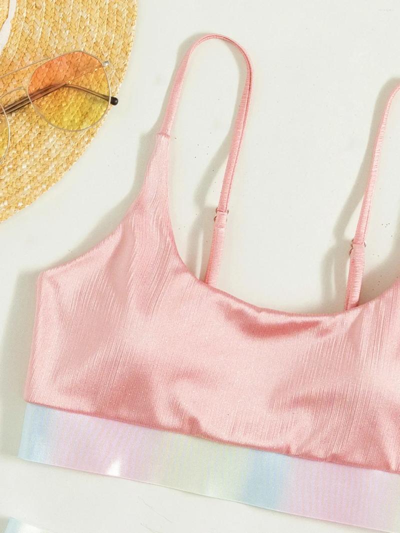 Womens Swimwear Shiny Pink Contrast Bikini Set Women Halter Push Up Patchwork High Waist Swimsuit 2025 Designer Bathing Suit Two Piece