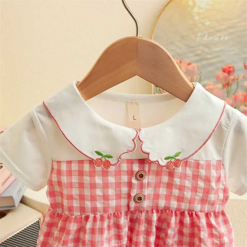 Summer New Small Fresh Plaid Baby Girl Dress Sweet And Cute Cherry Collar Childrens Short Sleeved Clothes (6-24 Months) X250220