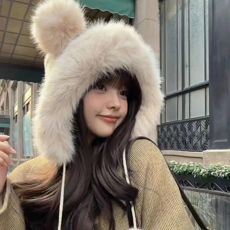 RICYGVM Womens Fluffy Fur Eartips Winter Plush Fishermans Hat Windproof Warm Head Gear Cute Bear Girl 250210