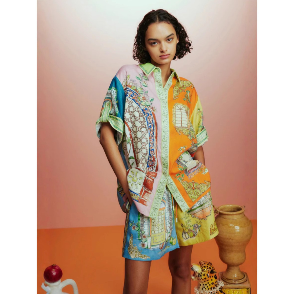 Women Tracksuits Two Pieces Set Designer 2025 New Fashion Casual Cotton Linen Printed Shirt Shorts Set 27 Colours