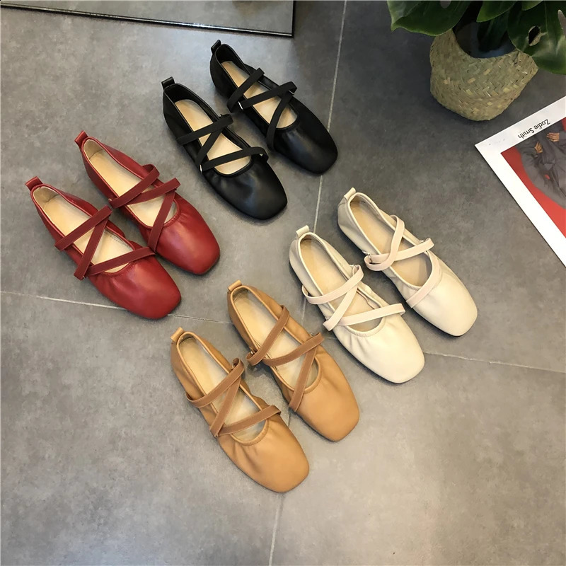 Spring Ballet Flat Shoes Women Comfy Leather Shoes Women Women Square Toe Flat Mary Janes Ladies Shoes Double Buckle 250318