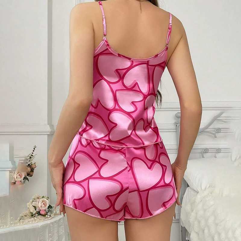 Heart Print Satin Pajama Set for Women Sexy V Neck Spwear Summer Cami Tops and Shorts Pajamas 2 Piece Loungewear Home ClothesXJ250220