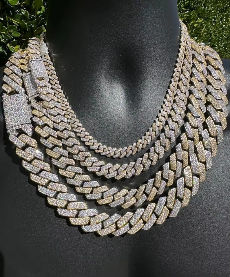 Moissanite Prong Miami k Chain Necklace Two Tone 14k Yellow Gold Vermeil Over Solid Sier Dia Tester