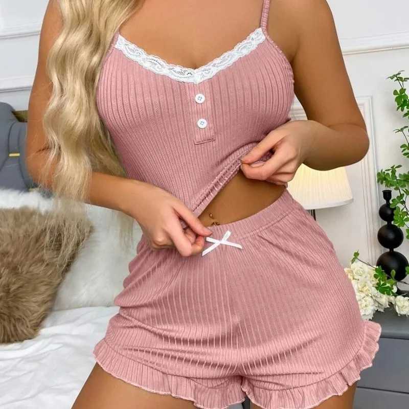 Womens Solid Pajamas Set Summer Sveless Top Shorts Spwear 2 Piece Set For Women Sexy Homewear Suspender Lace Slim SuitXJ250220