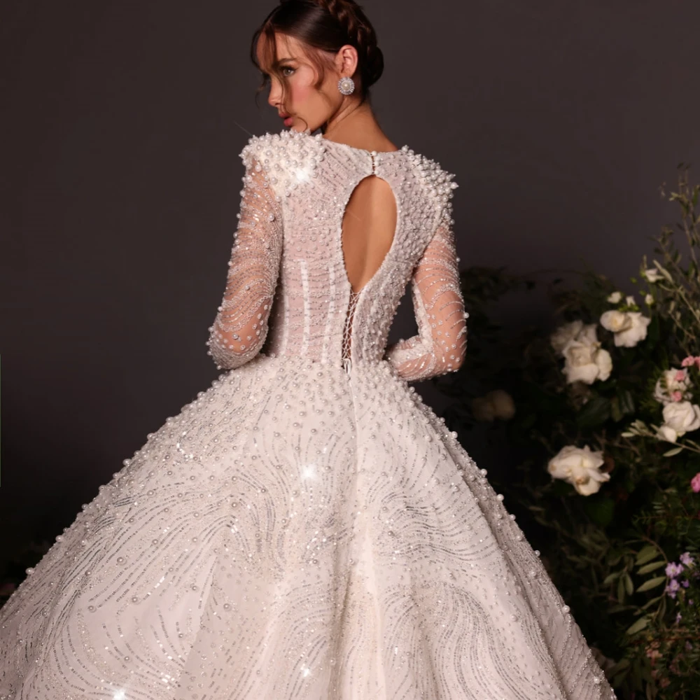 A e Women Wedding Sweetheart Neck Long Sleeves Bridal Gowns Sequins Pearls Sweep Train Dress Custom Made vestidos de novia